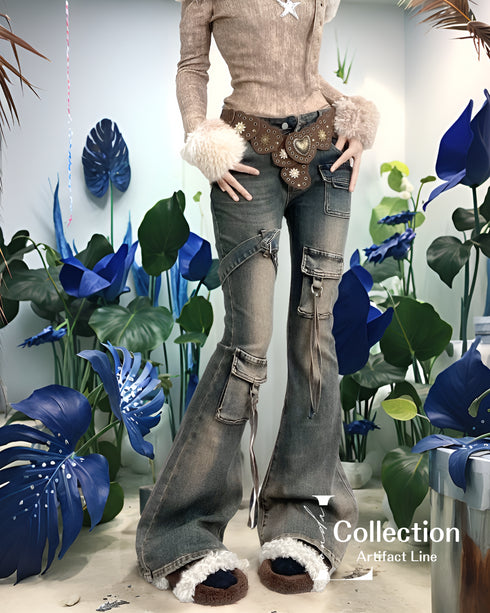 Vintage Washed Strap Denim Pants